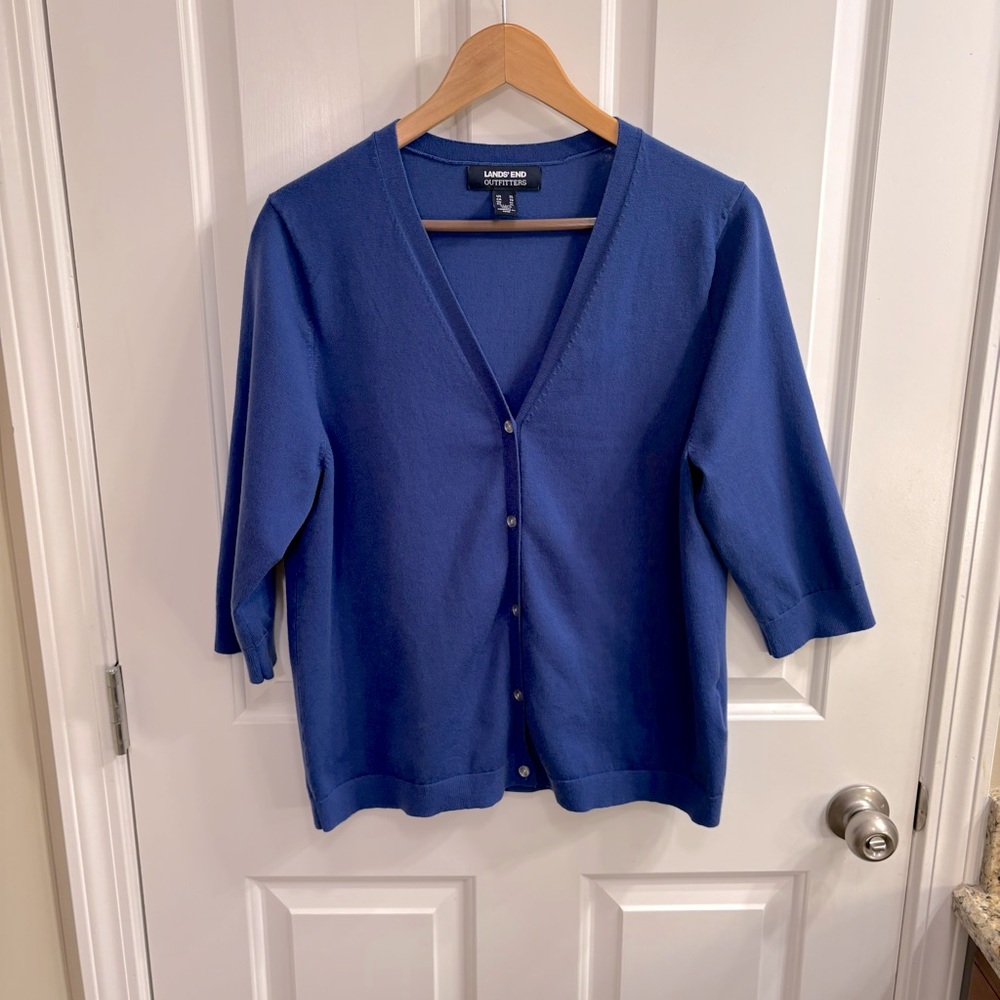 Lands' End Blue V-Neck 3/4 Sleeve Performance Cardigan Sweater XL Petite NWOT